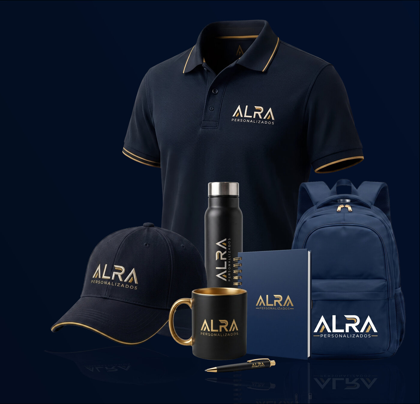 Kit de produtos personalizados ALRA — boné, camisa polo, squeeze, mochila, caderno e caneca